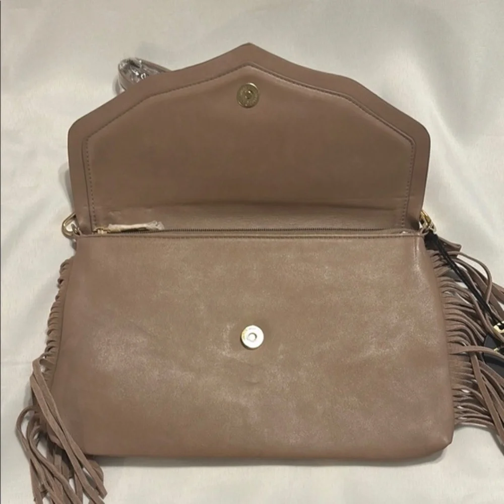 Moda Luxe “Natural Solstice” Taupe Suede & Faux-Leather Fringe Crossbody Bag NWT